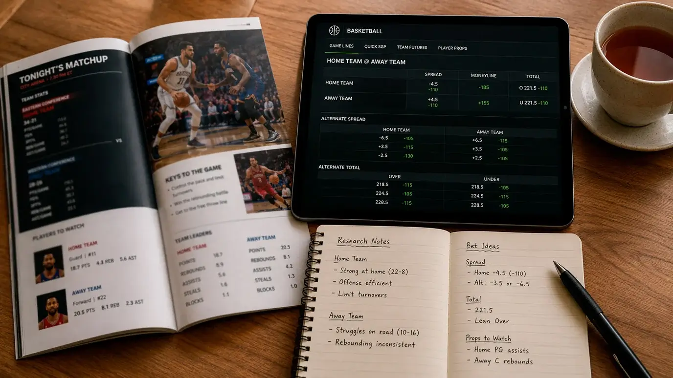 Close-up of a basketball scoreboard showing point spread and totals lines at a UK sportsbook