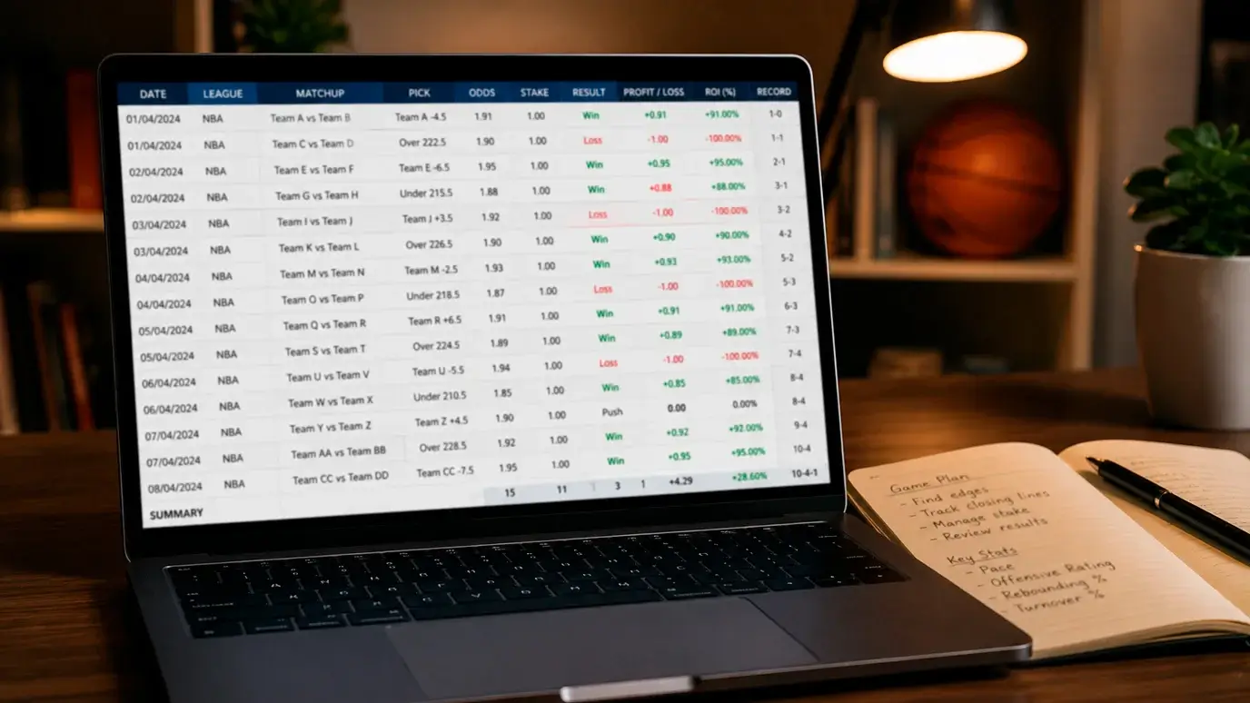 Laptop displaying an NBA betting record spreadsheet with columns for date, game, stake, odds, and profit