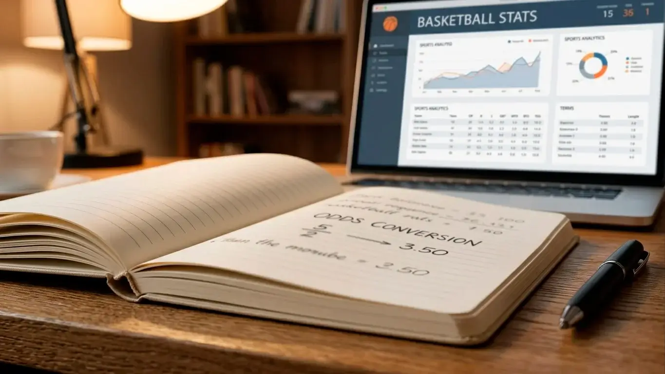 Notebook with handwritten NBA odds conversion formulas showing fractional and decimal formats side by side