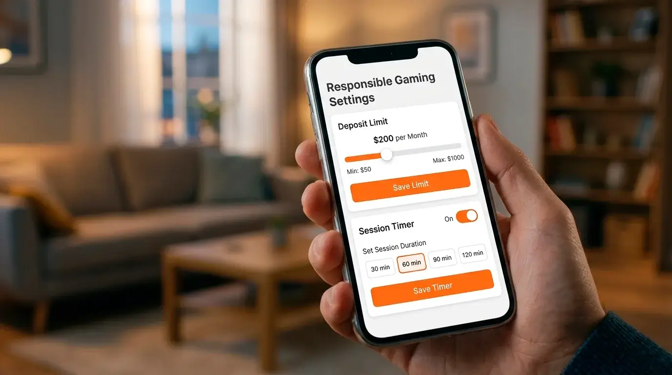 Smartphone screen showing deposit limit settings and session timer options at a UK betting app