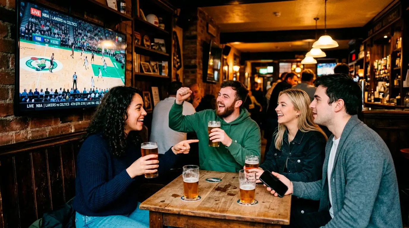 Young NBA fans in the UK watching a live game on a large screen at a sports bar